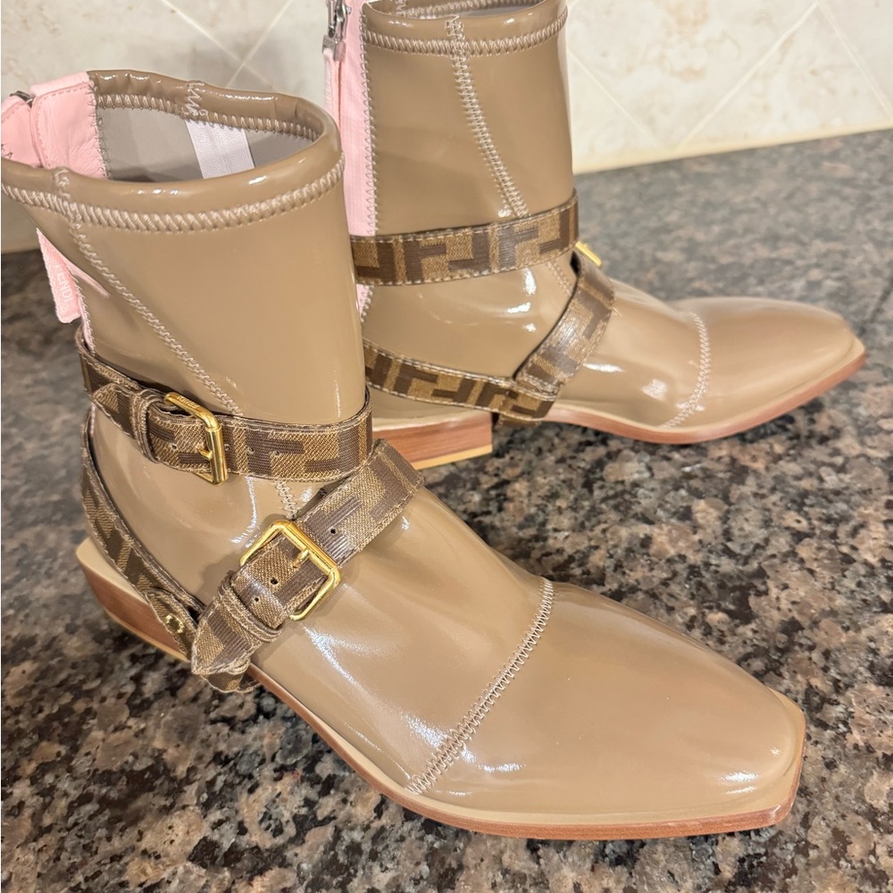 Fendi Zucca Logo Patent leather Harness Boots
